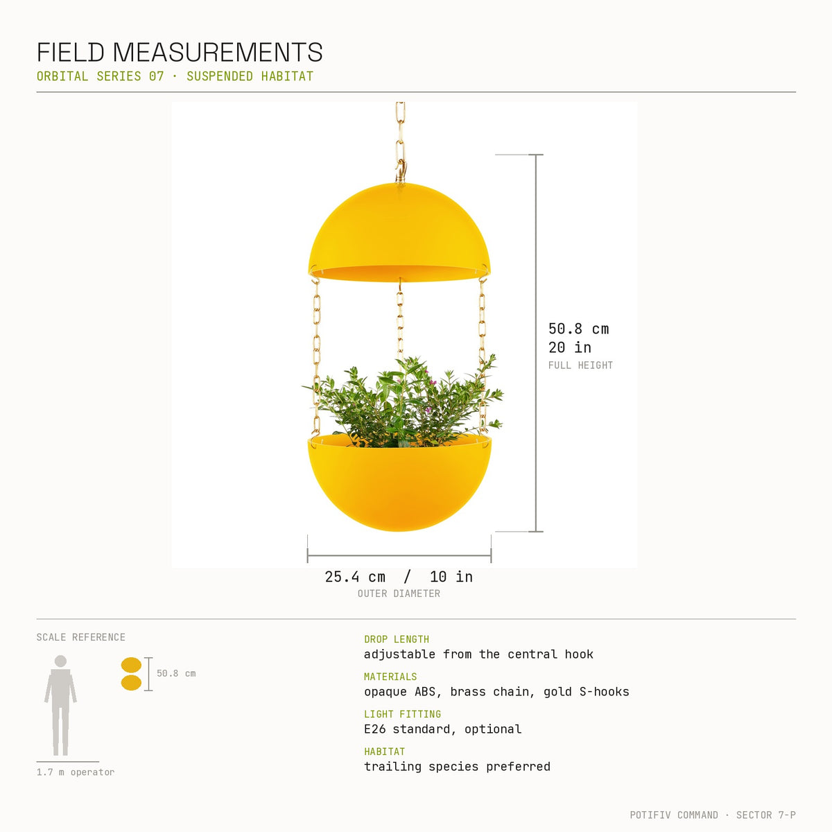 Field measurements for the Potifiv Pendant Planter, 10 inch dome diameter and 20 inch full height