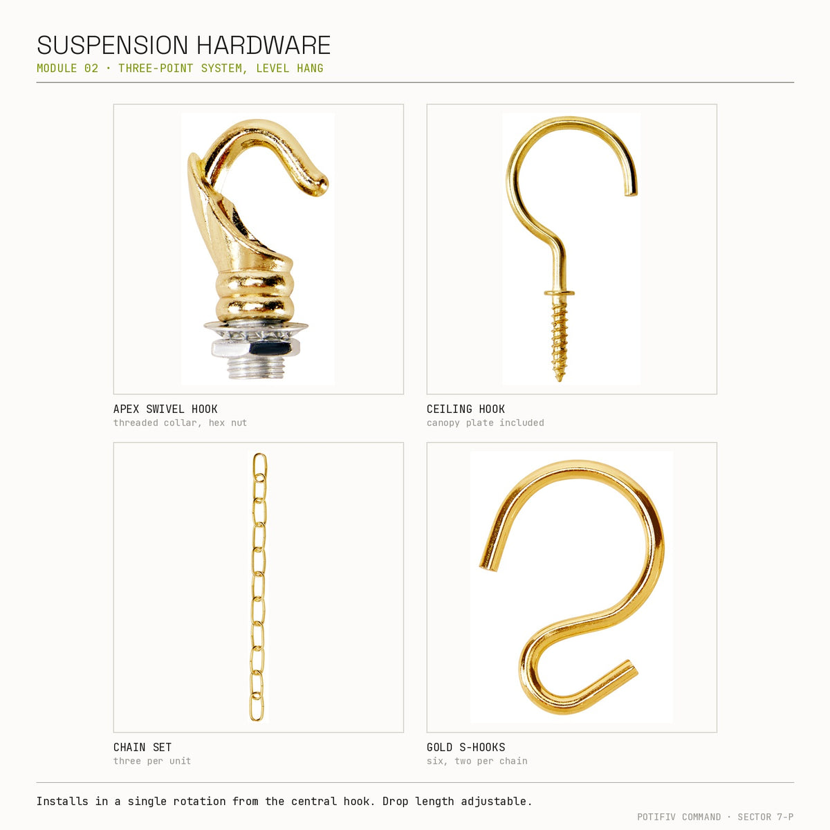 Three-point gold-colored chain suspension and S-hooks on the Potifiv Pendant Planter