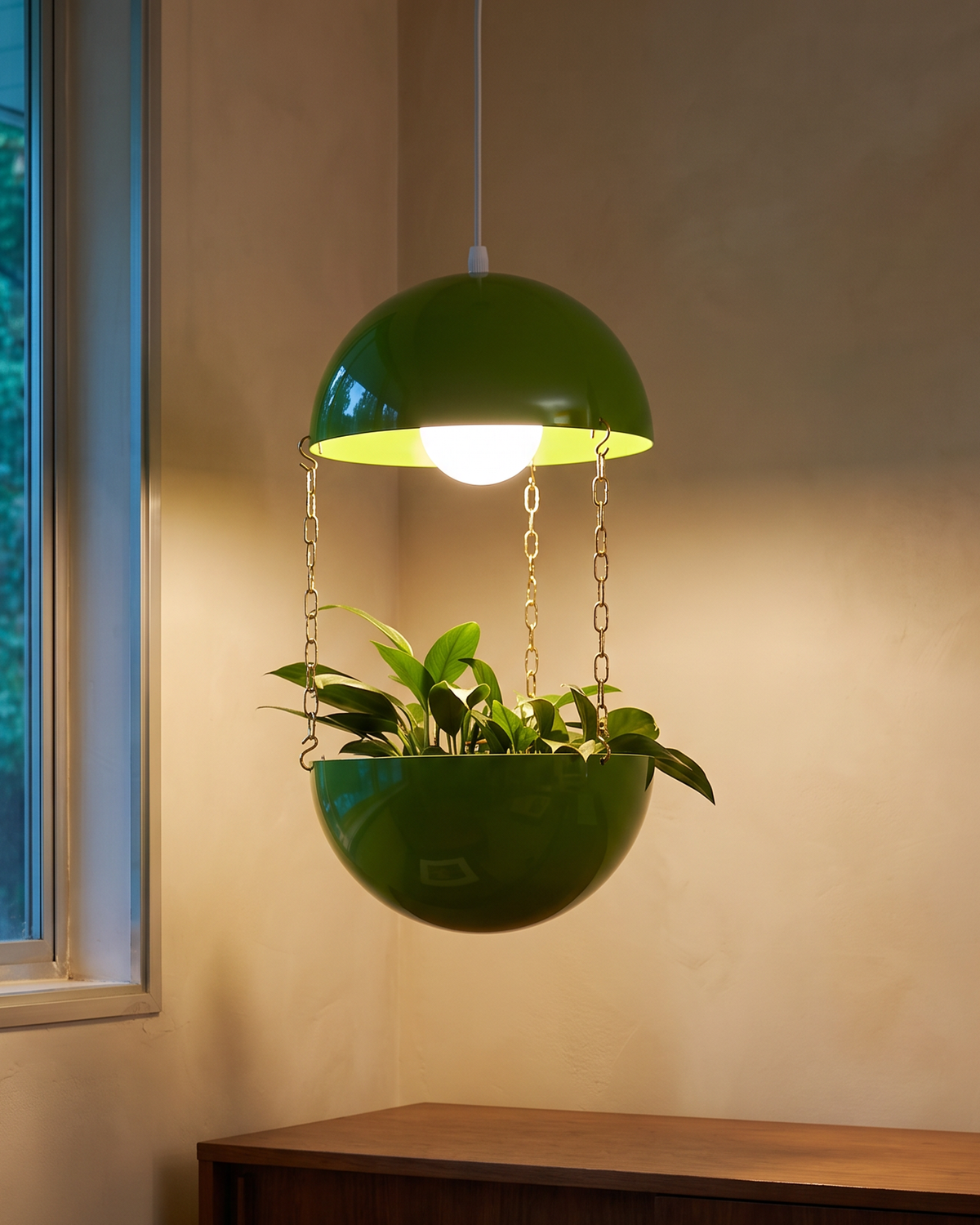Potifiv Pendant Planter in Atomic Green with light fitting, lit at dusk in a mid century modern room