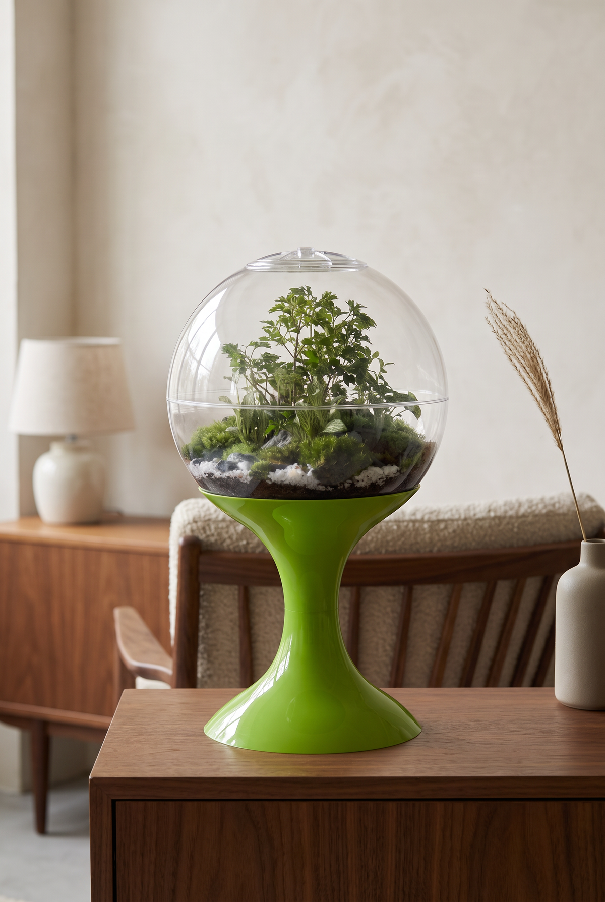 Atomic Green Potifiv acrylic terrarium displayed in a mid century modern interior