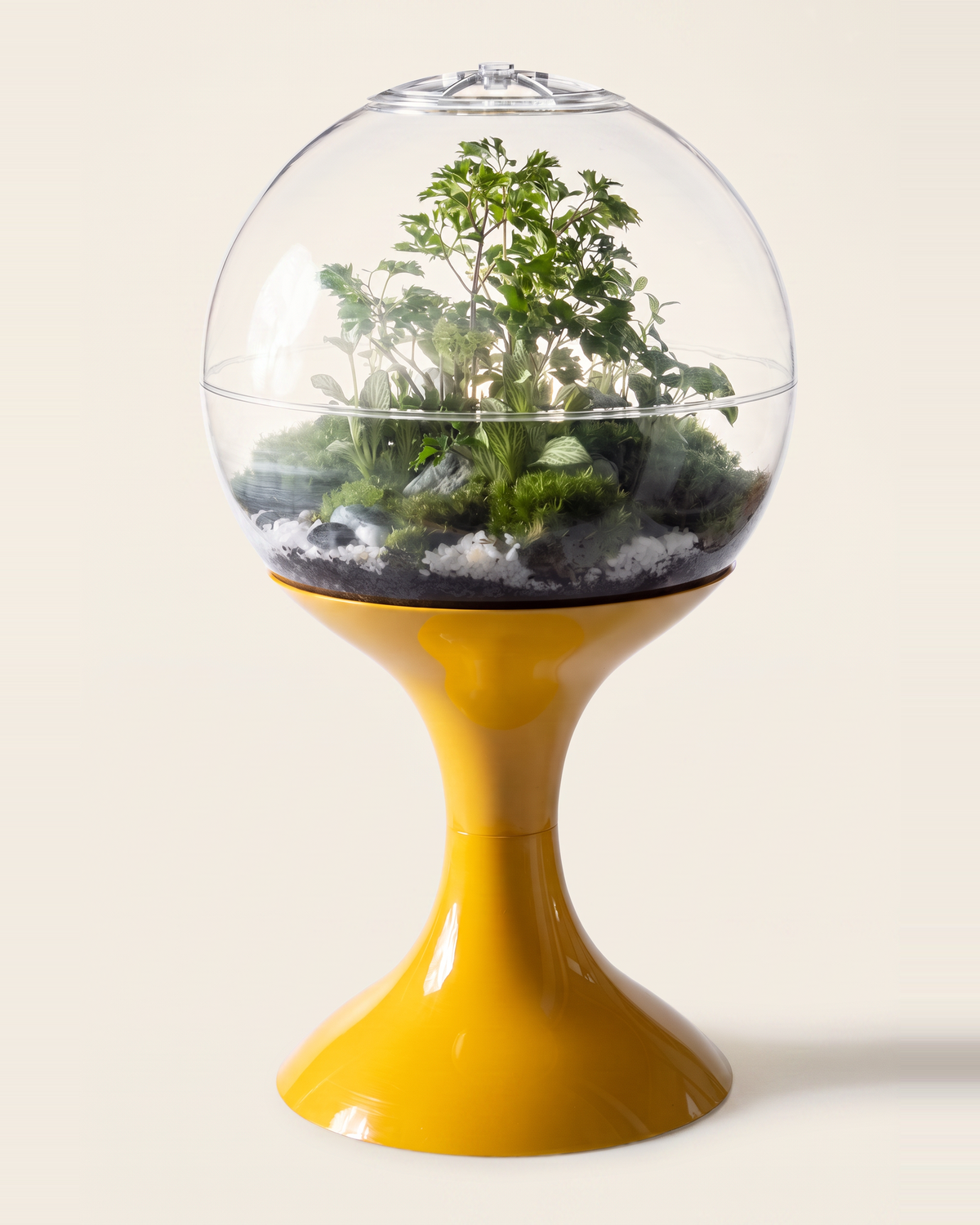 Potifiv Atomic Space Age Terrarium in Mercury Yellow, full product view on a plain cream background