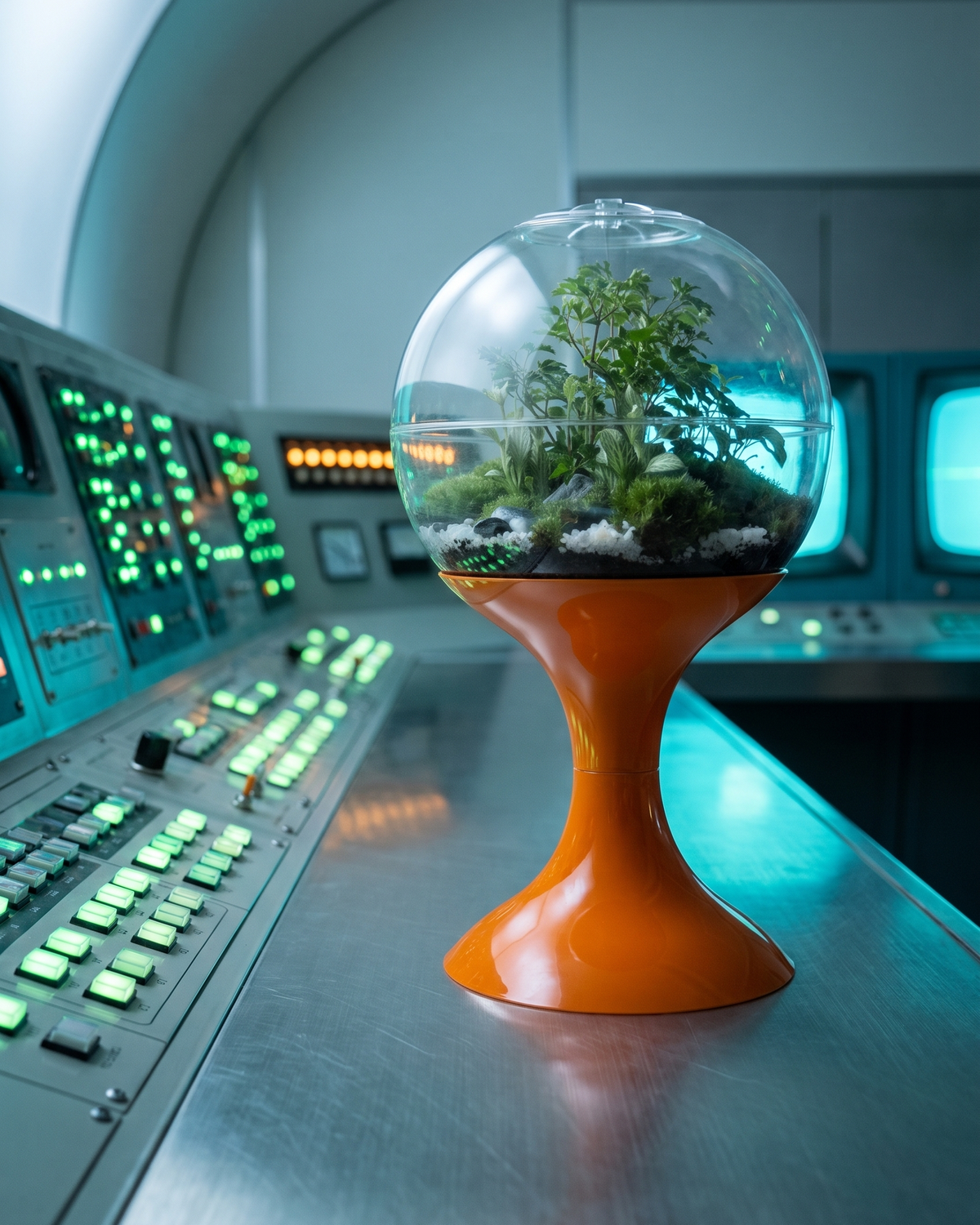 Potifiv Atomic Space Age Terrarium in Solar Orange on a brushed steel console in a 1960s mission control room