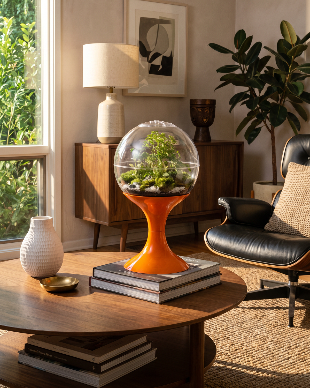 Solar Orange Potifiv acrylic terrarium displayed in a mid century modern interior