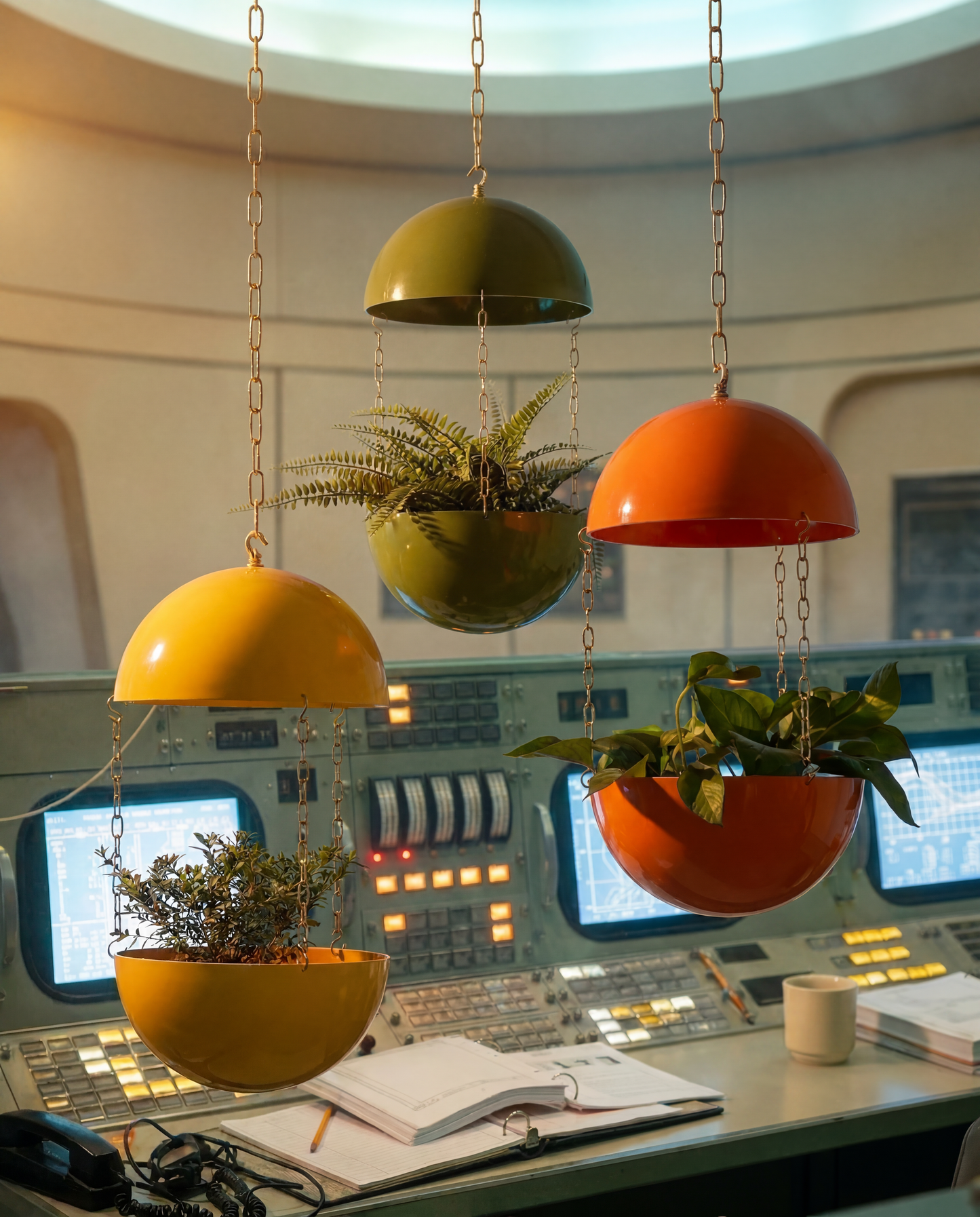 Pendant Planter, No Light (Orbital Series 07): Atomic Green, Mercury Yellow, and Solar Orange signal finishes in the mission control bio-station