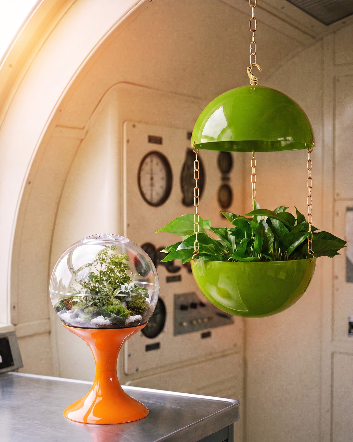 Solar Orange terrarium on a steel console beside an Atomic Green pendant planter suspended on a gold-colored chain, in a cream Sector 7-P control room