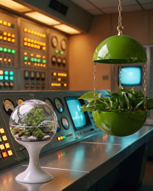 Lunar White Potifiv terrarium on a brushed steel console with an Atomic Green Pendant Planter suspended above, in a 1960s mission control room
