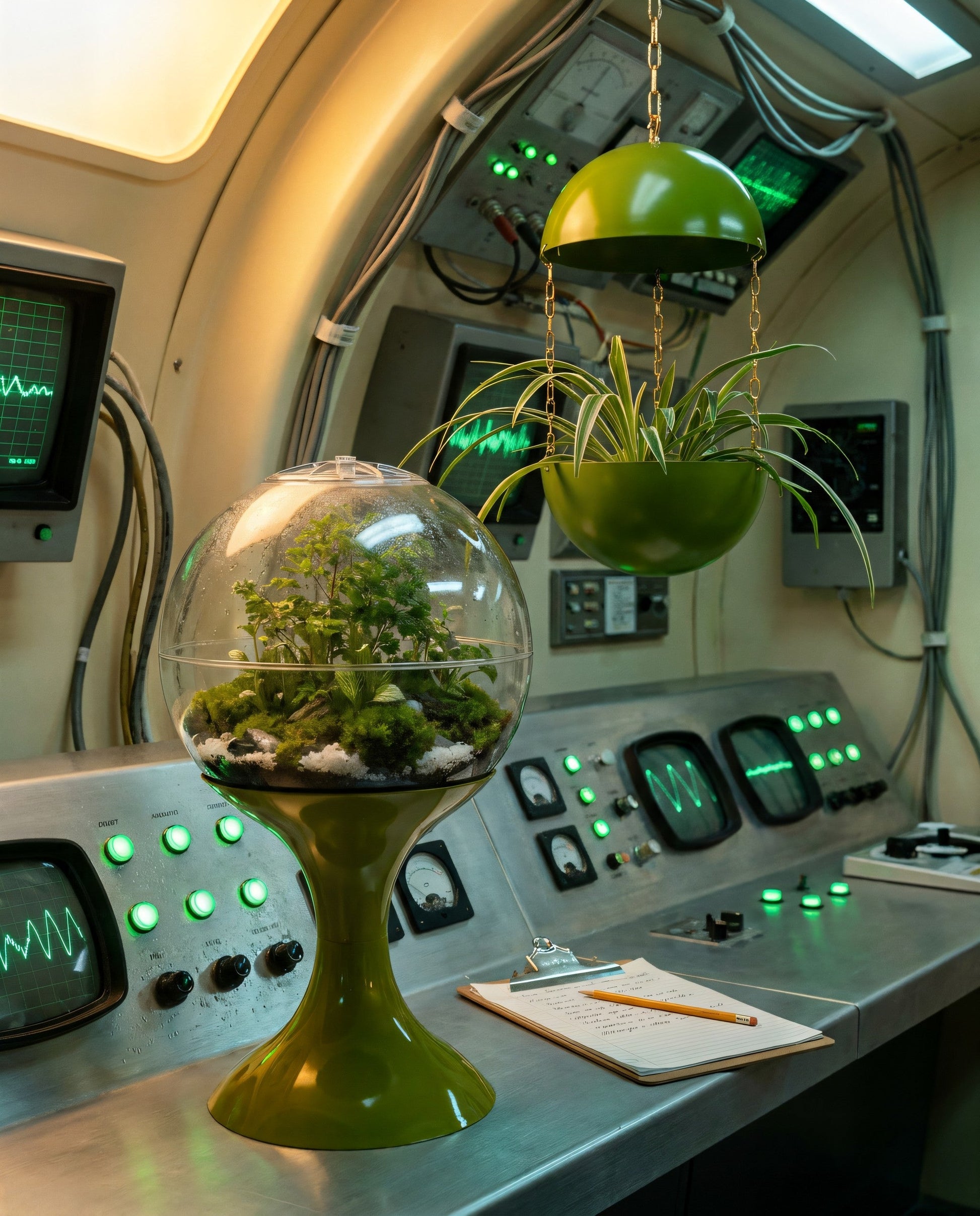 Complete Habitat Pairing, Atomic Green pendant: Atomic Green terrarium on the bio-control console, Atomic Green Pendant Planter suspended above