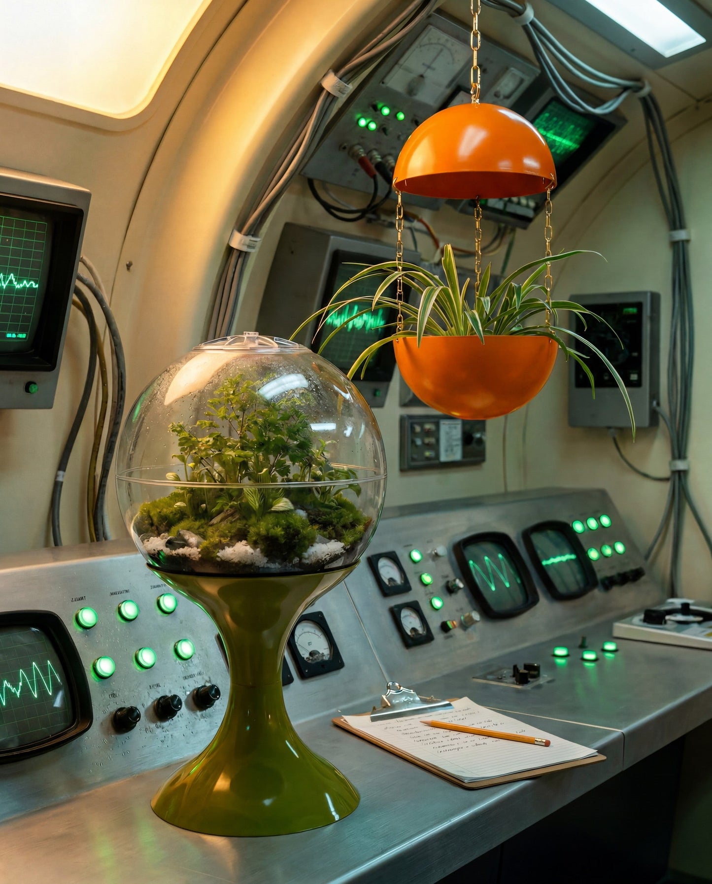 Complete Habitat Pairing, Solar Orange pendant: Atomic Green terrarium on the bio-control console, Solar Orange Pendant Planter suspended above