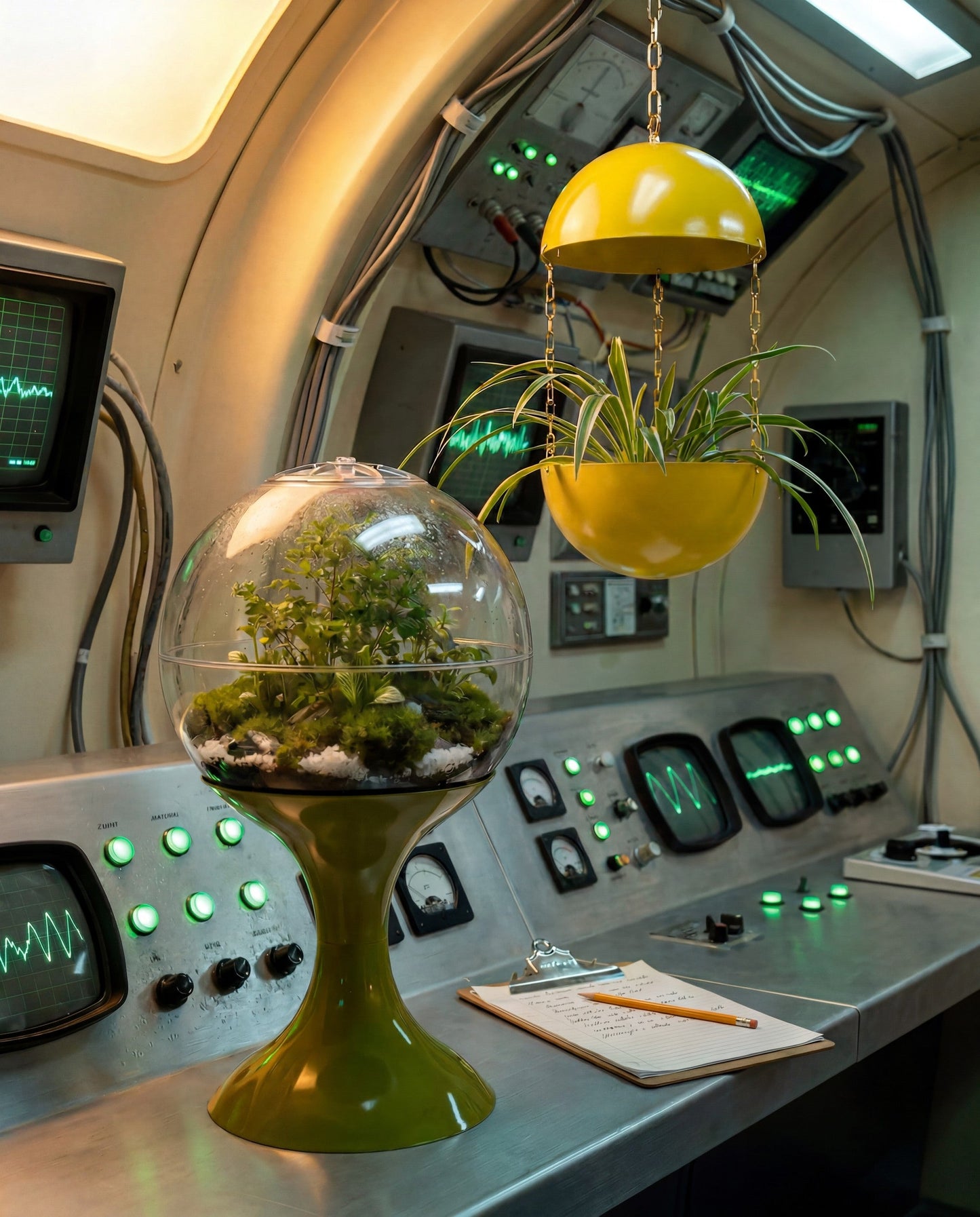 Complete Habitat Pairing, Mercury Yellow pendant: Atomic Green terrarium on the bio-control console, Mercury Yellow Pendant Planter suspended above
