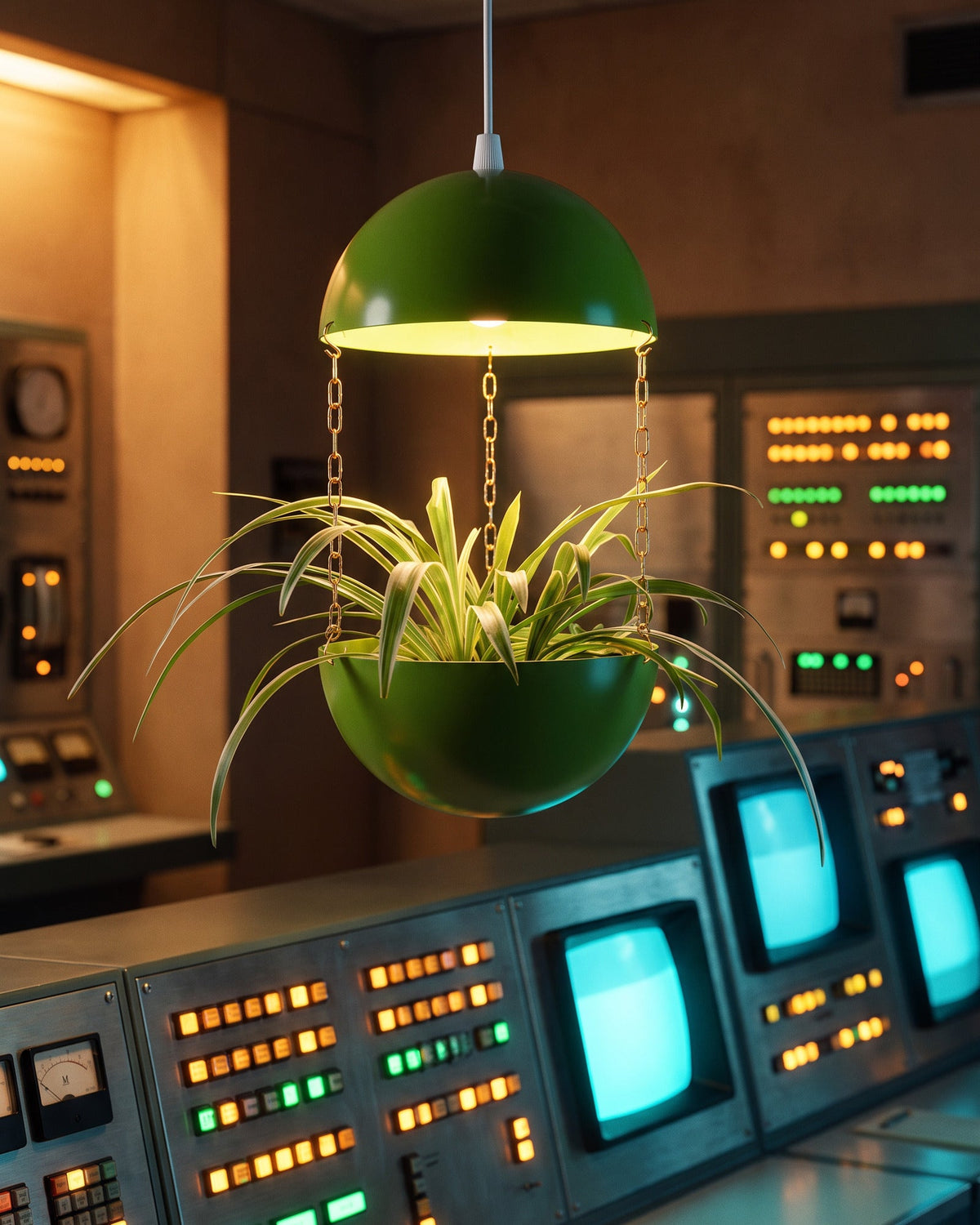 Atomic Green Potifiv Pendant Planter with light fitting, suspended in a 1960s mission control room