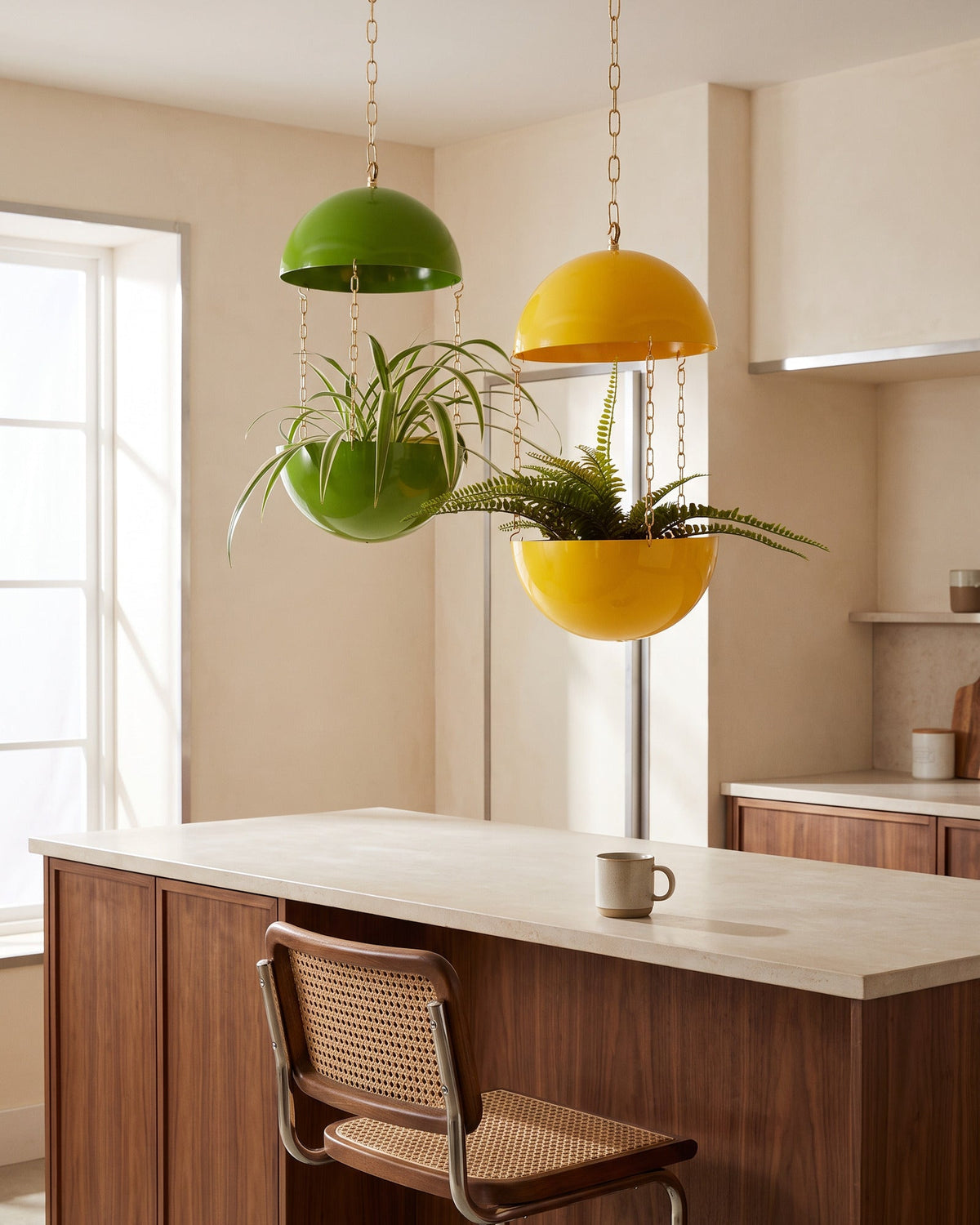 Two Potifiv Pendant Planters in Atomic Green and Mercury Yellow hung above a kitchen island, shown to scale beside a counter stool and a coffee mug