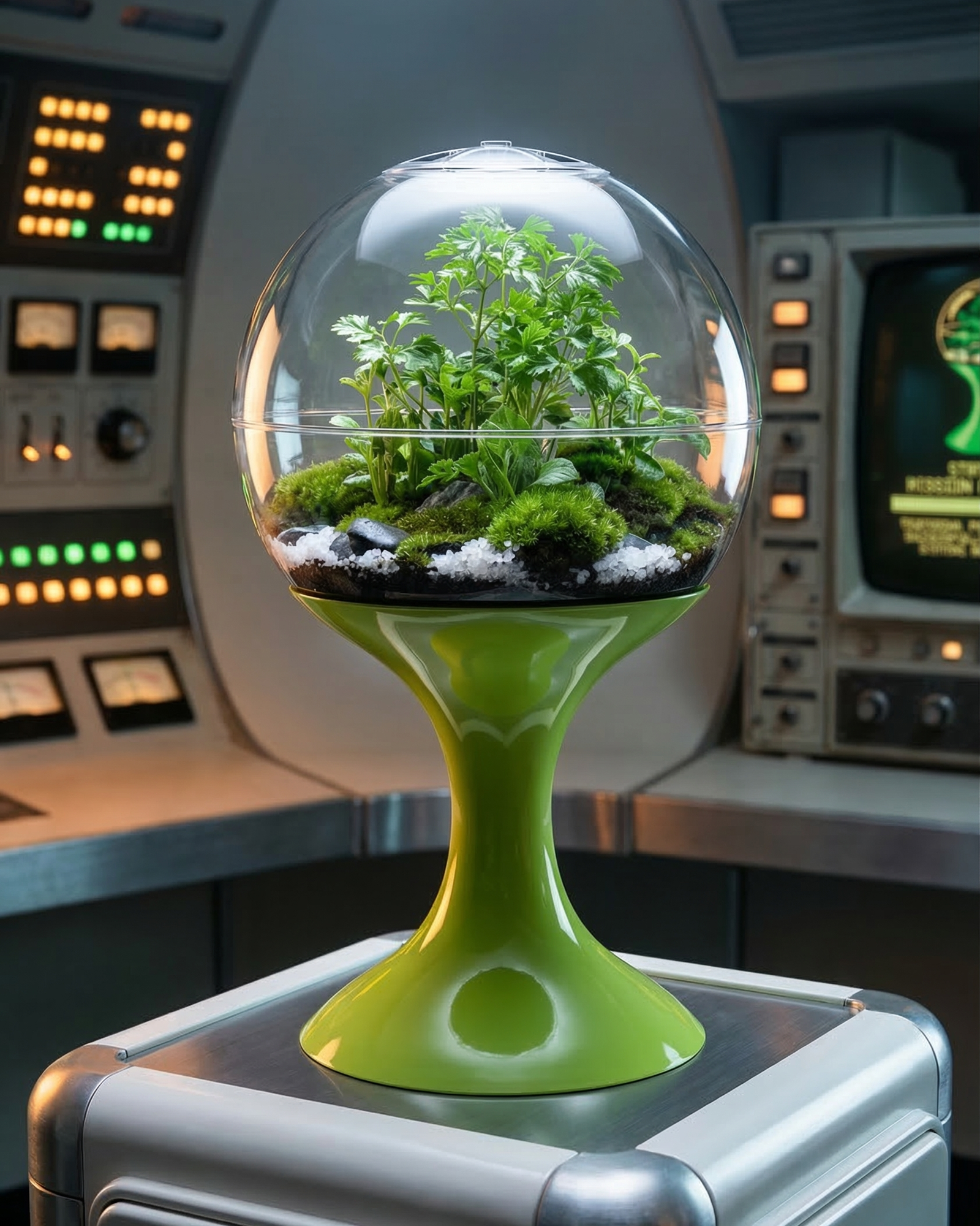 Potifiv Atomic Space Age Terrarium in Atomic Green on a brushed steel console in a 1960s mission control room