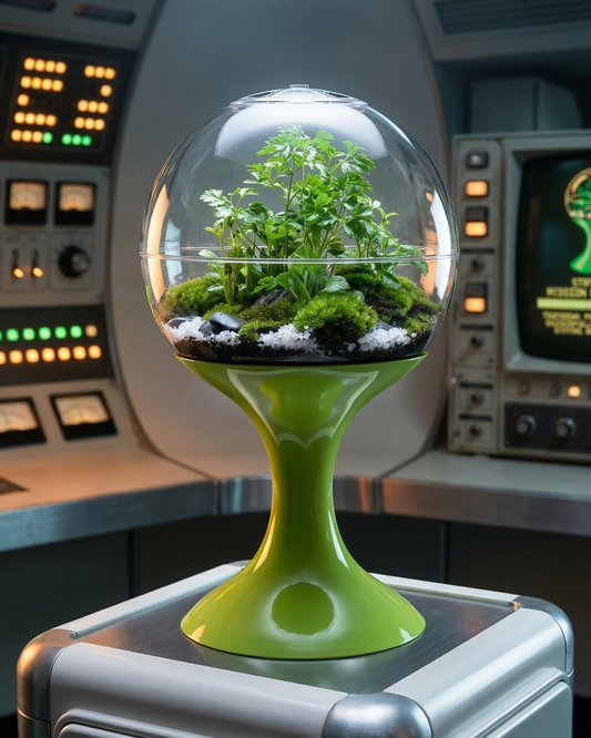 Potifiv Atomic Space Age Terrarium in Atomic Green on a brushed steel console in a 1960s mission control room
