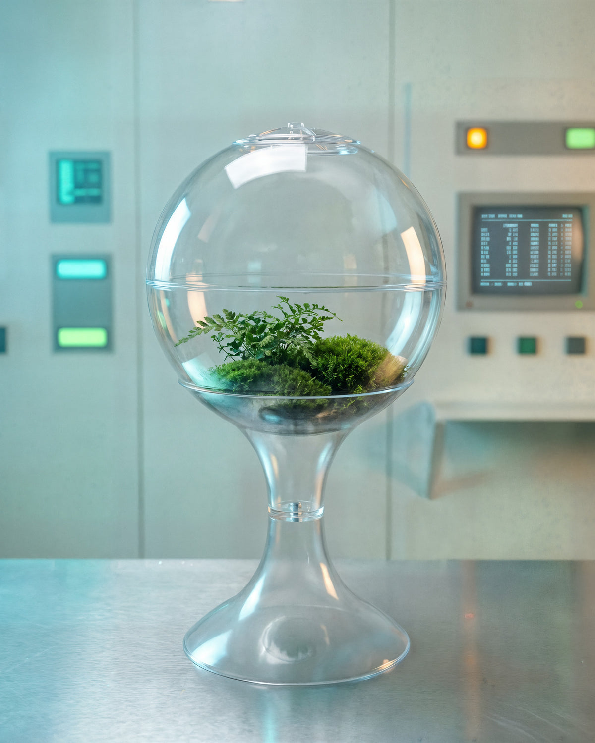 Potifiv Atomic Space Age Terrarium in Crystal on a brushed steel console in a 1960s mission control room