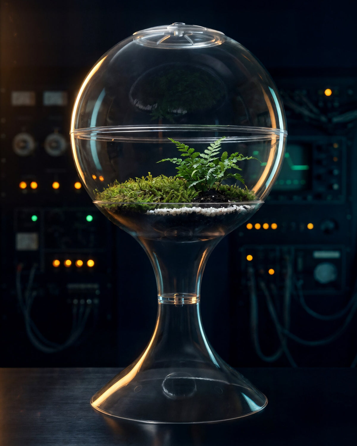 Potifiv Atomic Space Age Terrarium in Crystal, clear acrylic dome and stem lit against a darkened mission control console bay