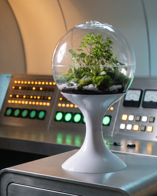 Potifiv Atomic Space Age Terrarium in Lunar White on a brushed steel console in a 1960s mission control room