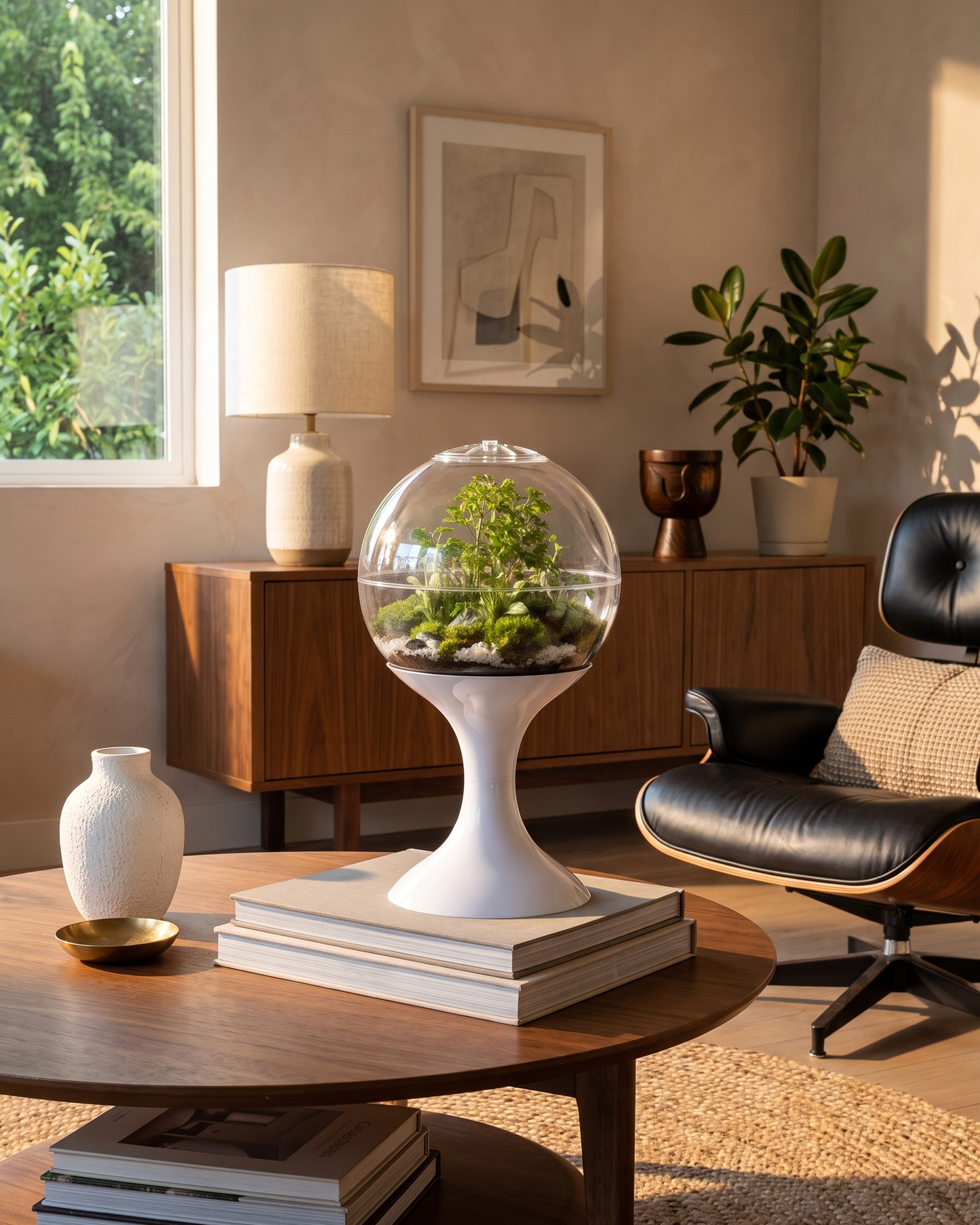 Potifiv Atomic Space Age Terrarium with curated green plants, displayed on a wooden coffee table in a warm, Saarinen living room.
