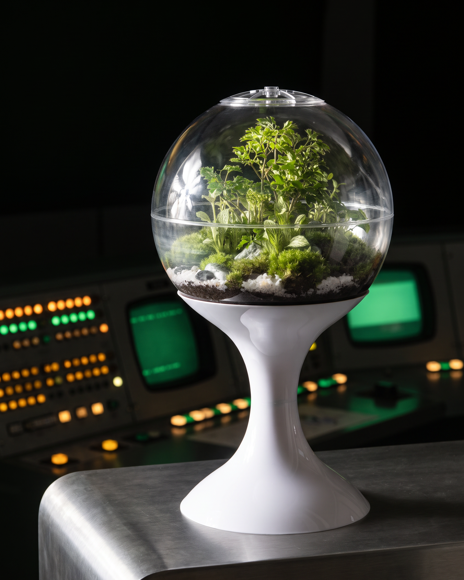 Lunar White Potifiv terrarium lit against a darkened mission control console bay